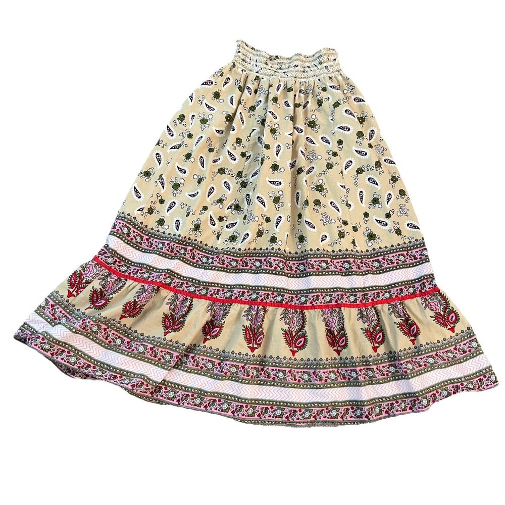 Planet Gold Maxi Skirt Medium Smocked Waist Paisley Cream‎ Pink Green